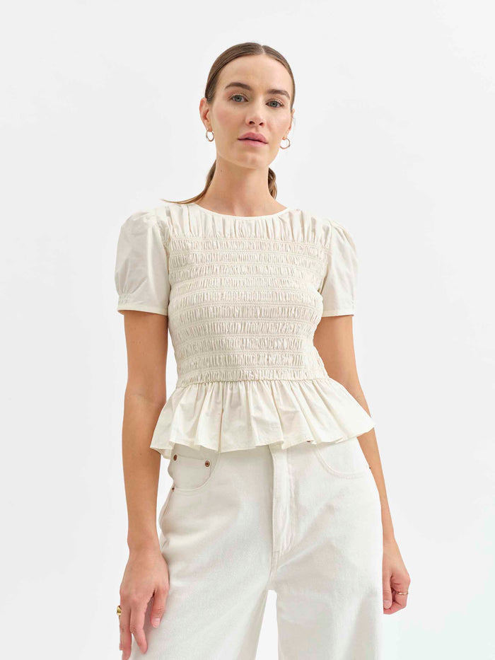 Chloe Smocked Top in Cloud Dancer