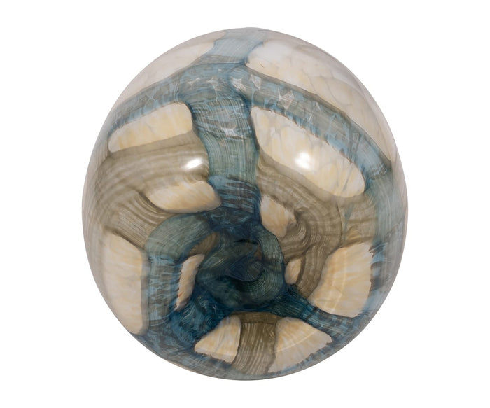Introducing the Coastal Agate Vase: a polished, oval-shaped accent piece featuring swirling blue, gray, and cream patterns on a white background. Its glossy, smooth surface reflects light beautifully, making it an ideal addition to any setting.