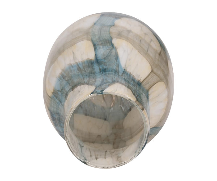 A top-down perspective of the Coastal Agate Vase showcases its translucent, hand-finished glass adorned with swirled blue, gray, and white patterns. Featuring a wide opening and rounded silhouette, this vase serves as a striking accent for any space.