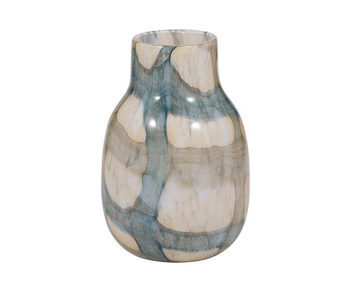The Coastal Agate Vase features a glossy marbled pattern in blue, gray, and cream, with a rounded body and narrow neck, set against a plain white background—making it an ideal accent piece for any decor.