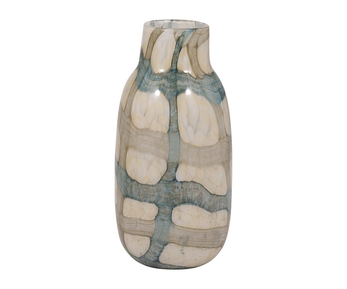 Tall, glossy Coastal Agate Vase in Blue/Multi with a rounded silhouette, featuring a marbled pattern. This hand-finished glass accent piece has a narrow opening and a smooth surface.