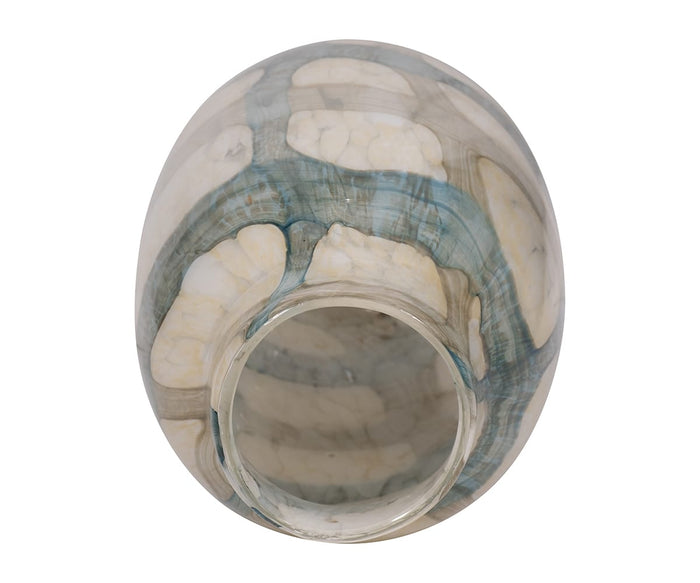 Top view of the Coastal Agate Vase, a round accent crafted from hand-finished glass with a wide opening. This vase displays a marbled design in cream, beige, and light blue hues, highlighted by its glossy finish and smooth surface.