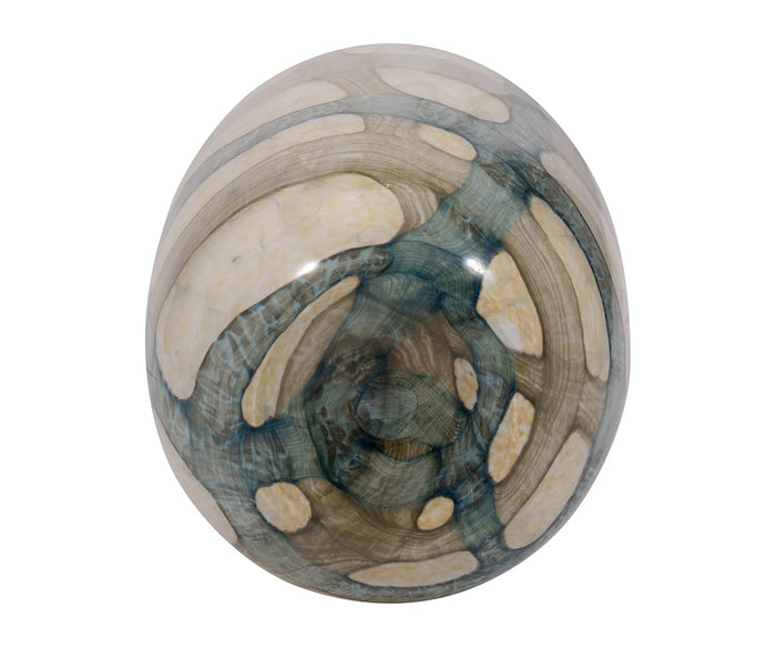 Hand-finished and viewed from above against a white background, the Coastal Agate Vase features a smooth, rounded form with marbled cream and blue-gray swirls, evoking serene coastal beauty.