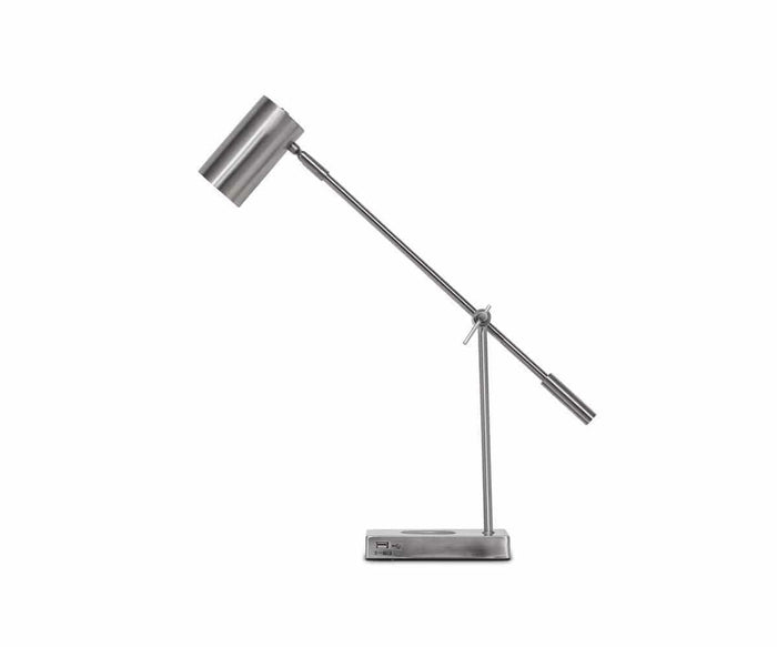 The Collette Desk Lamp with USB Port, shown in steel, features a modern design with a cylindrical shade, angled arm, and rectangular base—plus a convenient USB port—and is photographed on a white background.
