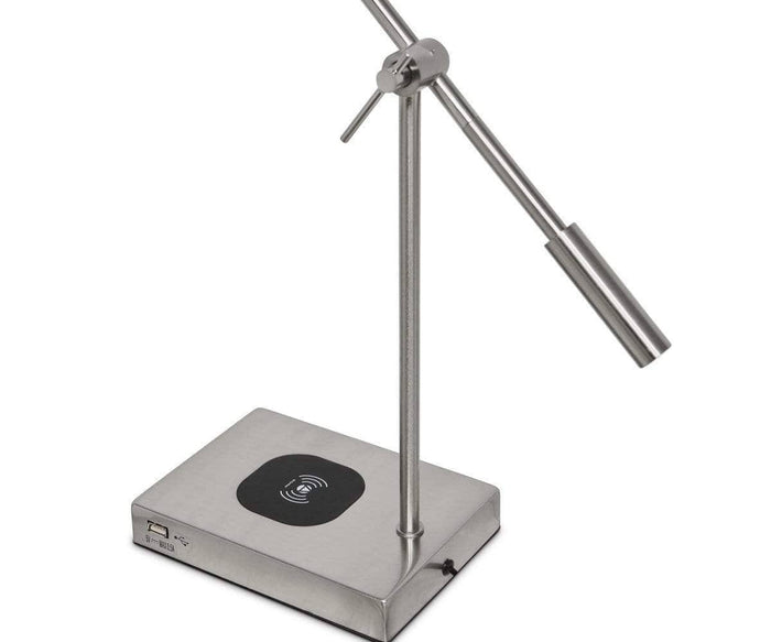 Introducing the Collette Desk Lamp with USB Port—a modern metal desk lamp featuring a rectangular base, built-in wireless charging pad, and an adjustable cylindrical task light. Its base is equipped with a convenient power switch and an integrated USB port for easy device charging.