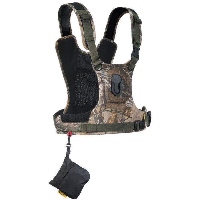 Cotton Carrier CCS G3 ergonomic camera harness system in camouflage with adjustable straps and quick release belt for one camera