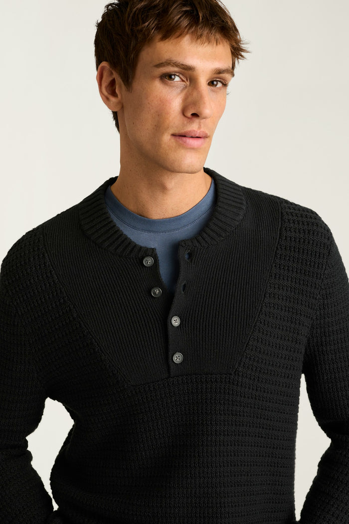 Cotton Cashmere Henley Sweater - black