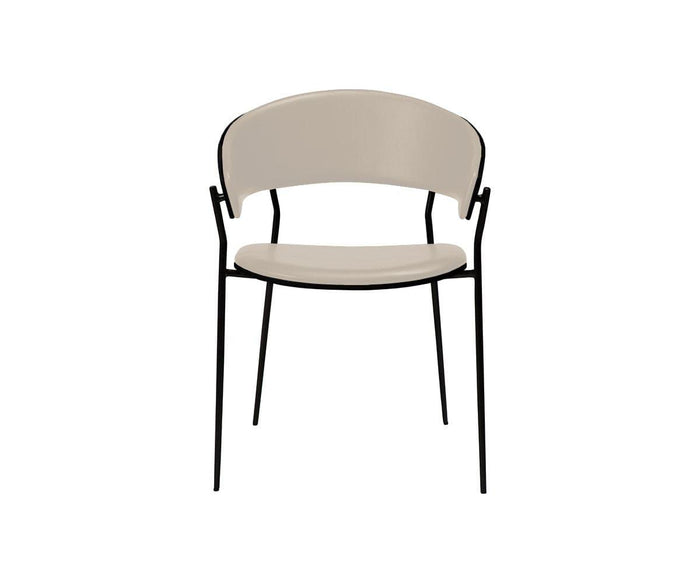 The Crib Leather Dining Chair features a curved bone white leather seat and backrest, supported by a thin black metal frame with four slender legs, displayed against a plain white background.