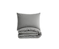 A neatly folded Crinkled Pleats Duvet Cover in grey with a matching sham propped up behind it, both set against a plain white background, highlights the refined texture of this contemporary set.
