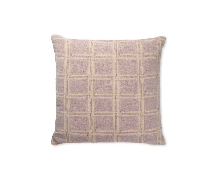 The Dahlia Cushion Cover features a light plum and beige checkered pattern on a white background, crafted from organic cotton for a soft and sustainable touch.