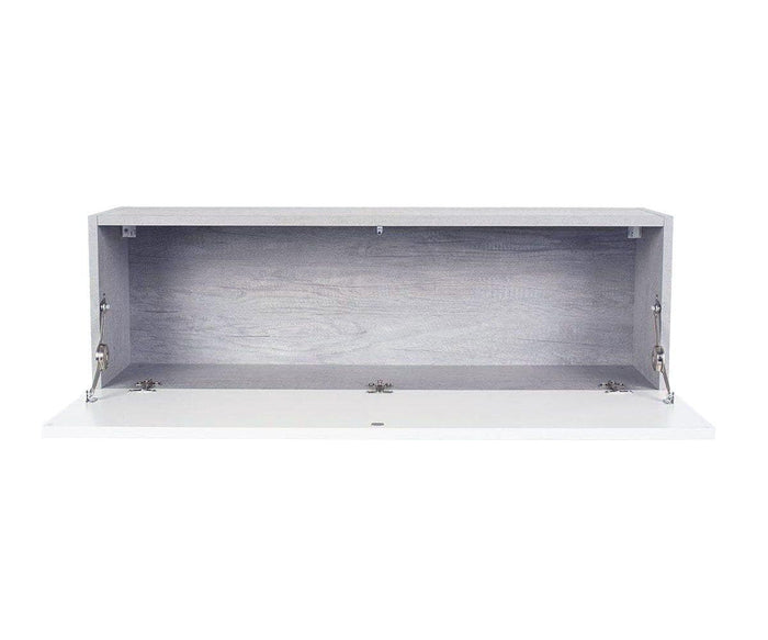 Introducing the Danne Horizontal Wall Unit—a modern, rectangular storage cabinet designed for wall mounting. It features a sleek white drop-down door with metallic hinges and a sophisticated faux-cement finish. When open, it reveals a spacious, empty interior with a light wood finish inside, making the Danne Horizontal Wall Unit an ideal choice for contemporary spaces seeking both style and functionality.