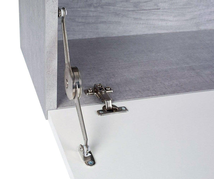 Close-up of the Danne Horizontal Wall Unit door with metal hinge and support strut mechanism attached, highlighting the hardware that enables the door to open downward and remain securely in place. The unit features a sleek faux-cement finish for a contemporary touch.
