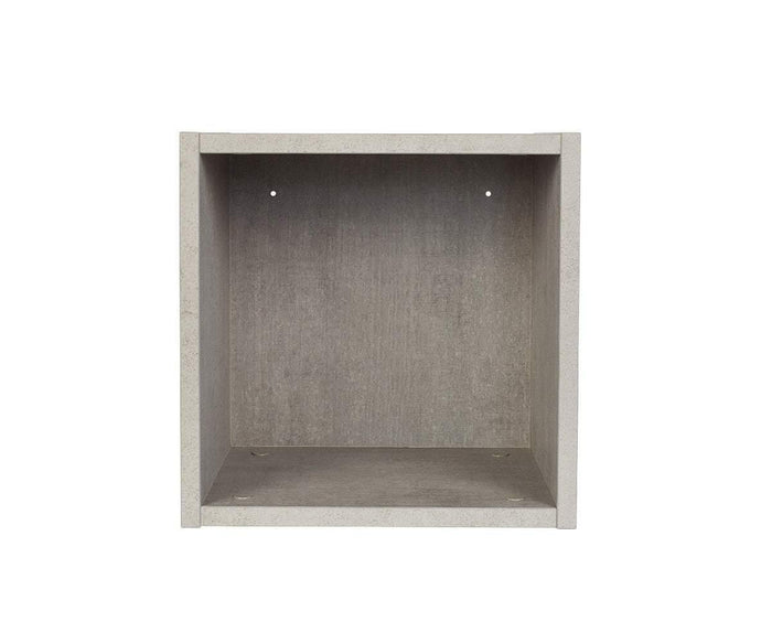 A square Danne Wall Cube in a light cement color, featuring a subtle faux-cement finish and two small holes in the back panel, is photographed against a plain white background—perfect for use as eco-friendly wall storage cubes.