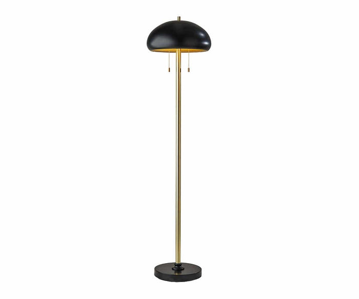 The Darius Floor Lamp in gold and black features a round black base, a slender gold pole, and a black dome-shaped metal shade with two pull chains hanging beneath it—this striking mid-century design brings timeless elegance to any space.