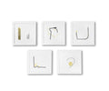 Five “Defining Outlook Wall Art” pieces, each framed in white and showcasing minimalist abstract designs with simple black and gold lines or shapes, displayed in two rows on a white background—perfect for bringing contemporary flair to your space and elevating your modern wall art collection.
