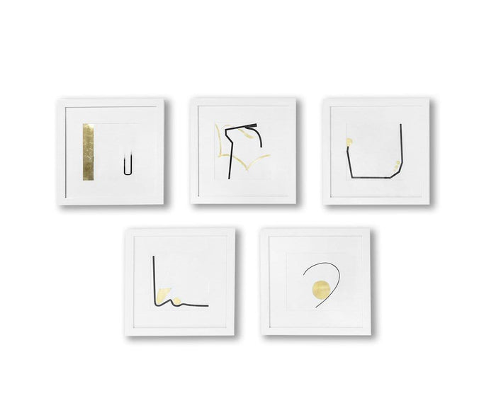 Five “Defining Outlook Wall Art” pieces, each framed in white and showcasing minimalist abstract designs with simple black and gold lines or shapes, displayed in two rows on a white background—perfect for bringing contemporary flair to your space and elevating your modern wall art collection.