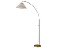 The Delaney Arc Lamp features a tall, arched brass stem and a pleated white conical lampshade, standing on a round base against a plain white background—a true statement piece for any living space.