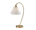 The Delaney Table Lamp features a graceful curved brass stand on a round base, topped with a pleated white lampshade, bringing timeless charm and elegance to any desk.