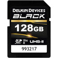 Delkin Black 128GB SDXC UHS-II memory card with high-speed V90 U3 performance and rugged industrial design