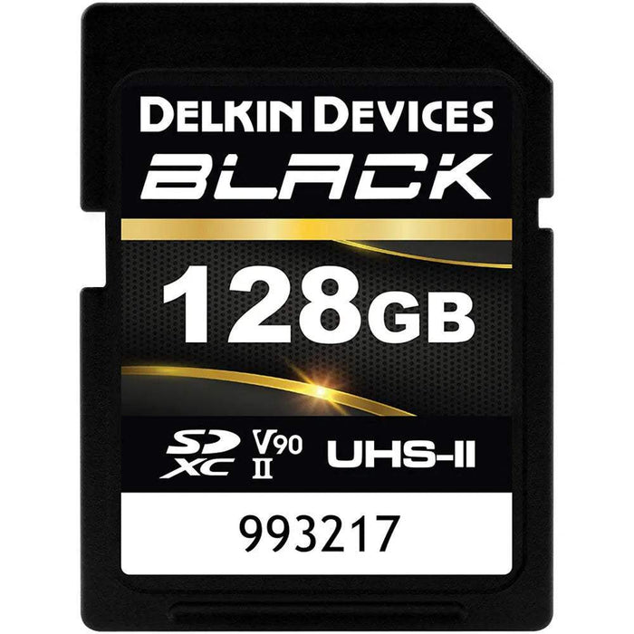 Delkin Black 128GB SDXC UHS-II memory card with high-speed V90 U3 performance and rugged industrial design