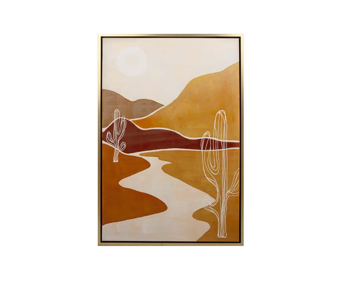 Desert Oil Painting in Orange/Multi—this hand-painted canvas features an abstract desert landscape with a winding river, two cacti, the sun, and hills in warm shades of brown, beige, and orange.