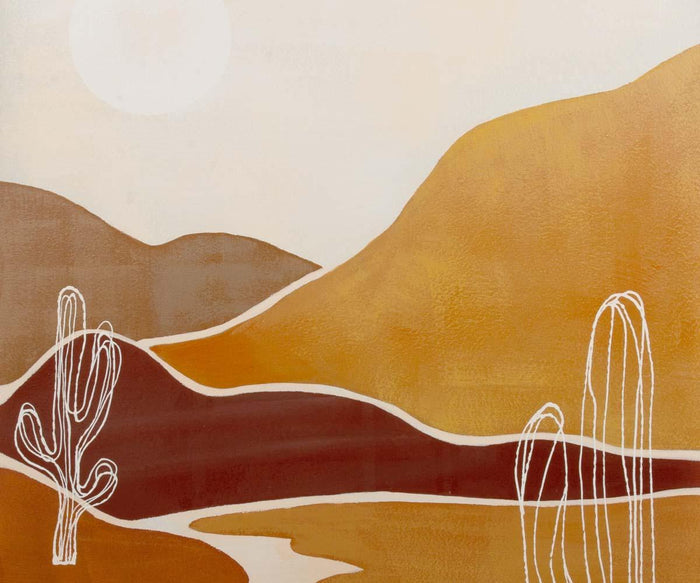 Experience the timeless beauty of our Desert Oil Painting, featuring a minimalist desert landscape with yellow and brown hills, a pale sun in the sky, and two elegant white line cacti in the foreground—evoking the charm of a hand-painted canvas.