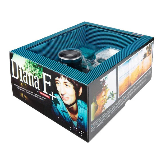 Diana F+ Camera with Flash in branded packaging showing retro-style medium format film camera and flash accessories