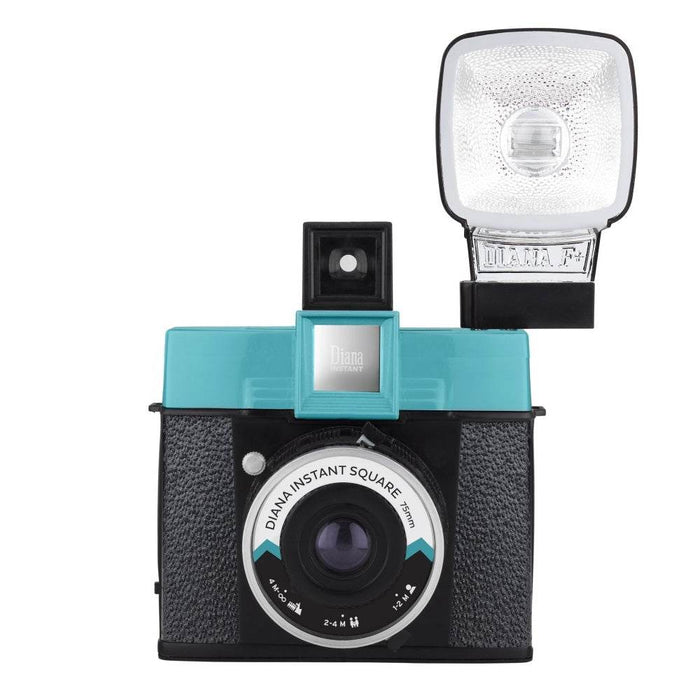 Diana Instant Square vintage-style instant camera with detachable flash and teal accents