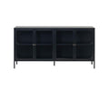 The Dion Four-Door Cabinet in black features a modern design with tempered glass doors and metal legs, offering versatile living room storage with two shelves inside each section; shown against a white background.