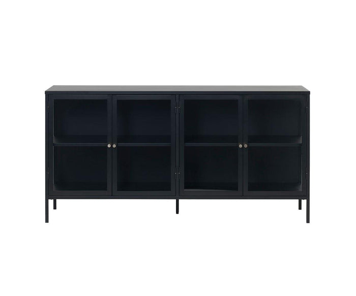 The Dion Four-Door Cabinet in black features a modern design with tempered glass doors and metal legs, offering versatile living room storage with two shelves inside each section; shown against a white background.