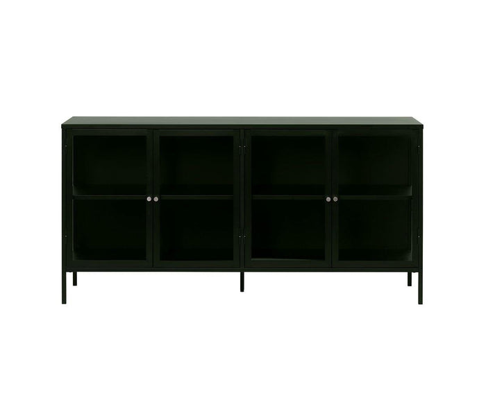 Introducing the Dion Four-Door Cabinet in dark forest green—a sleek metal sideboard with tempered glass doors and slim legs. It features two interior shelves on each side, making it perfect for stylish living room storage.