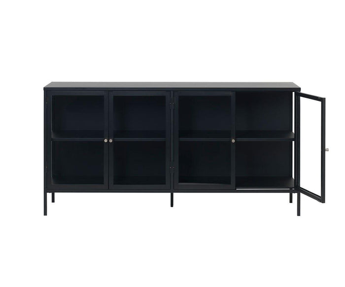The Dion Four-Door Cabinet is a black metal sideboard featuring four tempered glass doors—two of which are open to display its two interior shelves. With its minimalist design and slender legs, this stylish modern cabinet is perfect for living room storage.