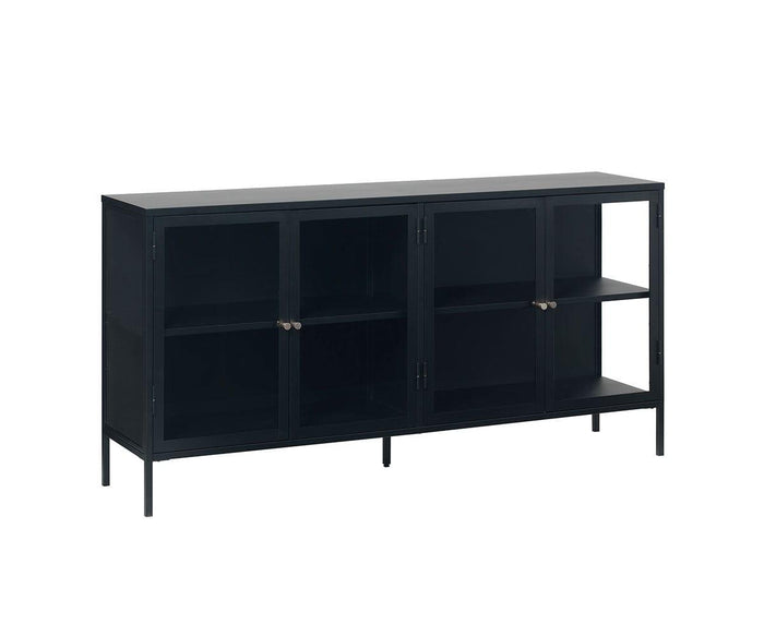 The Dion Four-Door Cabinet features a black metal frame, four tempered glass doors with metal handles, and eight shelves. Elevated on slim legs, this cabinet provides spacious storage for your living room in a minimalist, modern design.