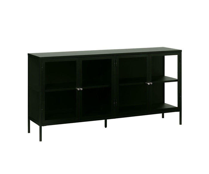 The Dion Four-Door Cabinet features a modern, minimalist black metal frame with four legs, two tempered glass doors in the center, and open shelving on either side—perfect for stylish storage in your living room.