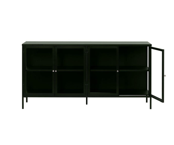 The Dion Four-Door Cabinet features a sleek black metal frame with four tempered glass doors and two inner shelves. The rightmost door is open, showing the spacious, empty interior. Supported by slim legs, this cabinet offers a modern storage solution, perfect for adding style and functionality to your living room.