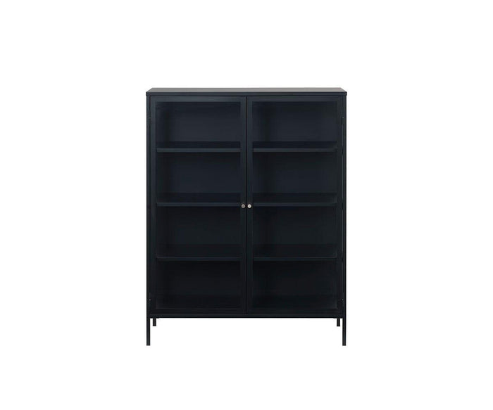 The Dion Low Cabinet is a sleek black metal storage piece featuring modern design, tempered glass doors, and four shelves, all supported by slim legs and displayed against a white background.