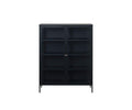 The Dion Low Cabinet is a sleek black metal storage piece featuring modern design, tempered glass doors, and four shelves, all supported by slim legs and displayed against a white background.