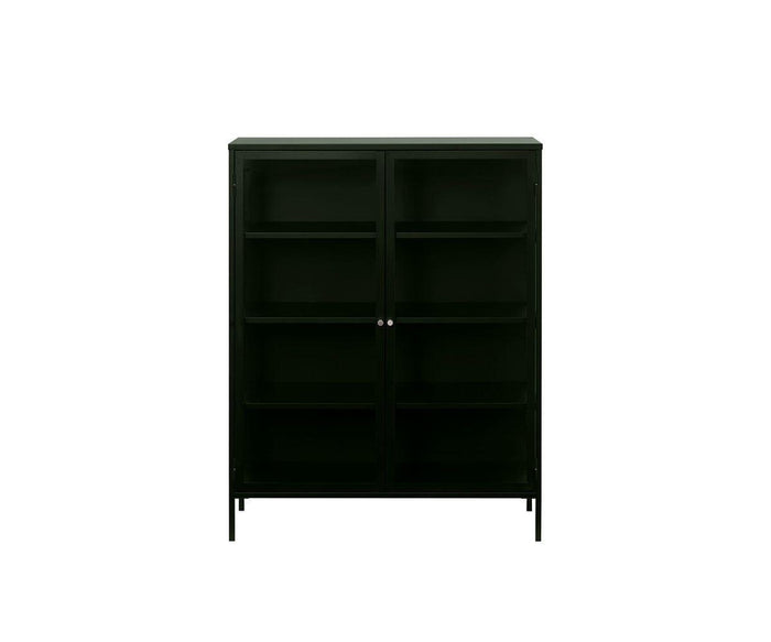 Dion Low Cabinet in Dark Forest Green with tempered glass doors and four interior shelves, featuring slim legs and photographed against a plain white background—a perfect piece for modern storage needs.