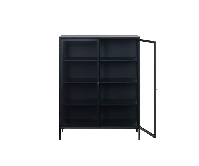 Dion Low Cabinet with a black finish and modern storage design, featuring tempered glass doors and four interior shelves. The cabinet stands on slim legs, and one door is open to reveal the empty interior shelves. The background is plain white.