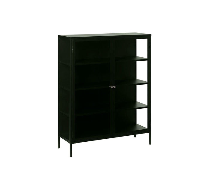 The Dion Low Cabinet is a sleek black piece with a modern storage design, featuring tempered glass doors on the left and open shelves on the right. It stands on four legs, shown against a plain white background.
