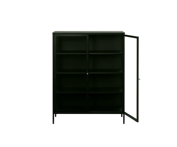 The Dion Low Cabinet is a modern black storage piece with four shelves and tempered glass doors that open to the right, shown against a plain white background.