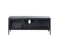 The Dion Media Stand in black features three tempered glass-front cabinets, a sturdy metal frame, and a circular cable management hole on the center back panel, displayed against a white background.