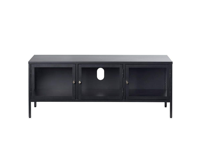 The Dion Media Stand in black features three tempered glass-front cabinets, a sturdy metal frame, and a circular cable management hole on the center back panel, displayed against a white background.