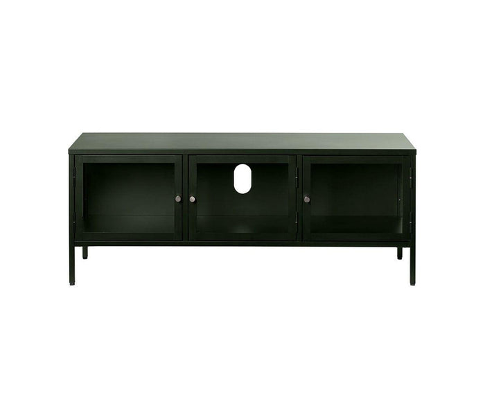 The Dion Media Stand, finished in a rich Dark Forest Green, features three glass-front cabinets with tempered glass doors, slim legs, and a circular cable management hole in the back panel of the center section.