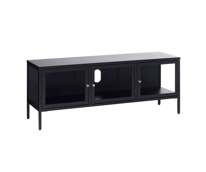 Dion Media Stand: This modern black metal TV stand features three tempered glass doors, an open storage compartment on the right side, a back panel cutout for cable management, and four slender legs for a simple, contemporary look.