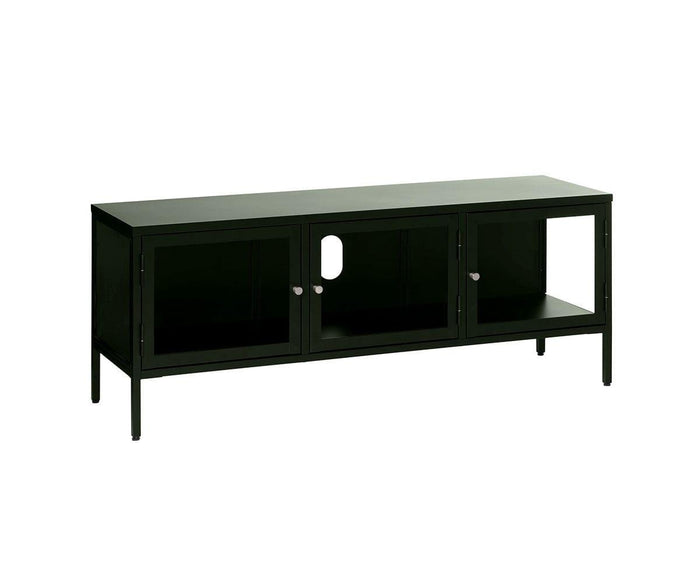 The Dion Media Stand is a black metal media stand with three compartments: two on the left featuring tempered glass doors and one open shelf on the right. The center compartment has a circular cutout at the back for cable management. This modern TV stand is shown against a white background.