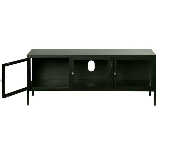 The Dion Media Stand is a modern black metal TV stand with three tempered glass doors—one left open—and an oval cable management hole centered on the back panel.