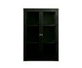 The Dion Tall Wall Cabinet in Dark Forest Green features two glass doors and three spacious shelves, offering ample storage space. Viewed from the front against a plain white background, this piece exemplifies modern furniture design.