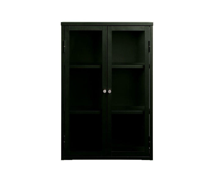 The Dion Tall Wall Cabinet in Dark Forest Green features two glass doors and three spacious shelves, offering ample storage space. Viewed from the front against a plain white background, this piece exemplifies modern furniture design.