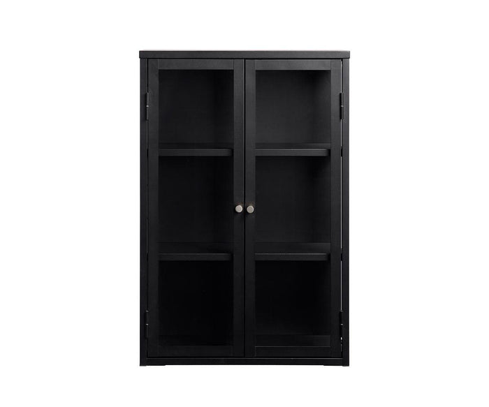 The Dion Tall Wall Cabinet in black features two glass doors with silver handles and three interior shelves, offering ample storage space while standing against a plain white background.